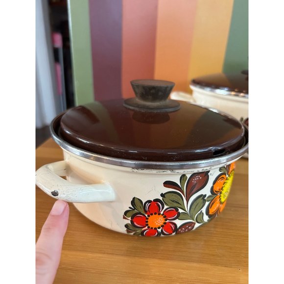 70s flower power enamel pot with handles set of 3 lidded brown - Picture 4 of 10